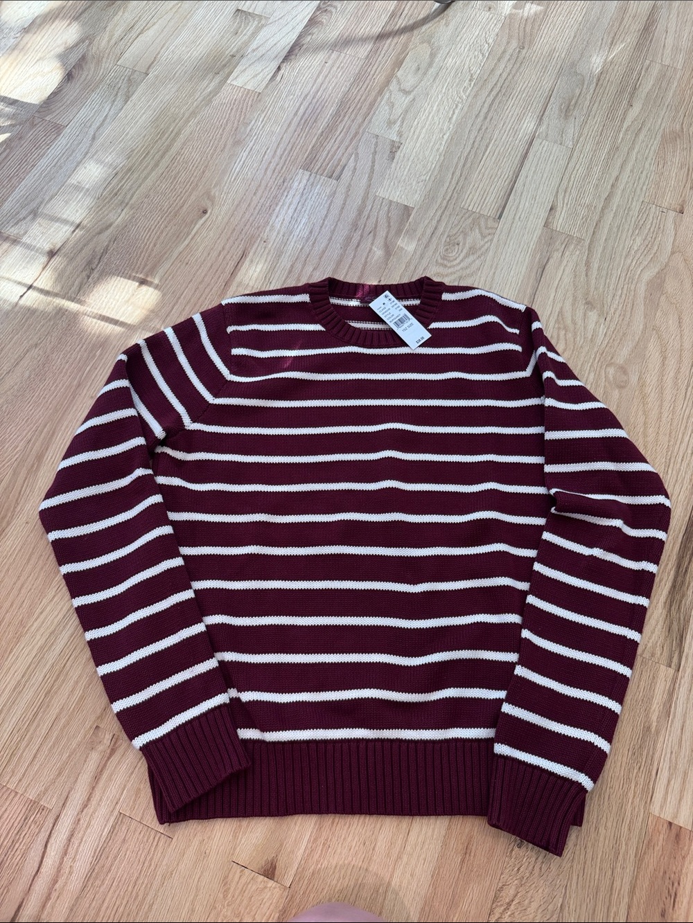 Brandy Melville Burgundy and Cream Striped Crewneck Sweater